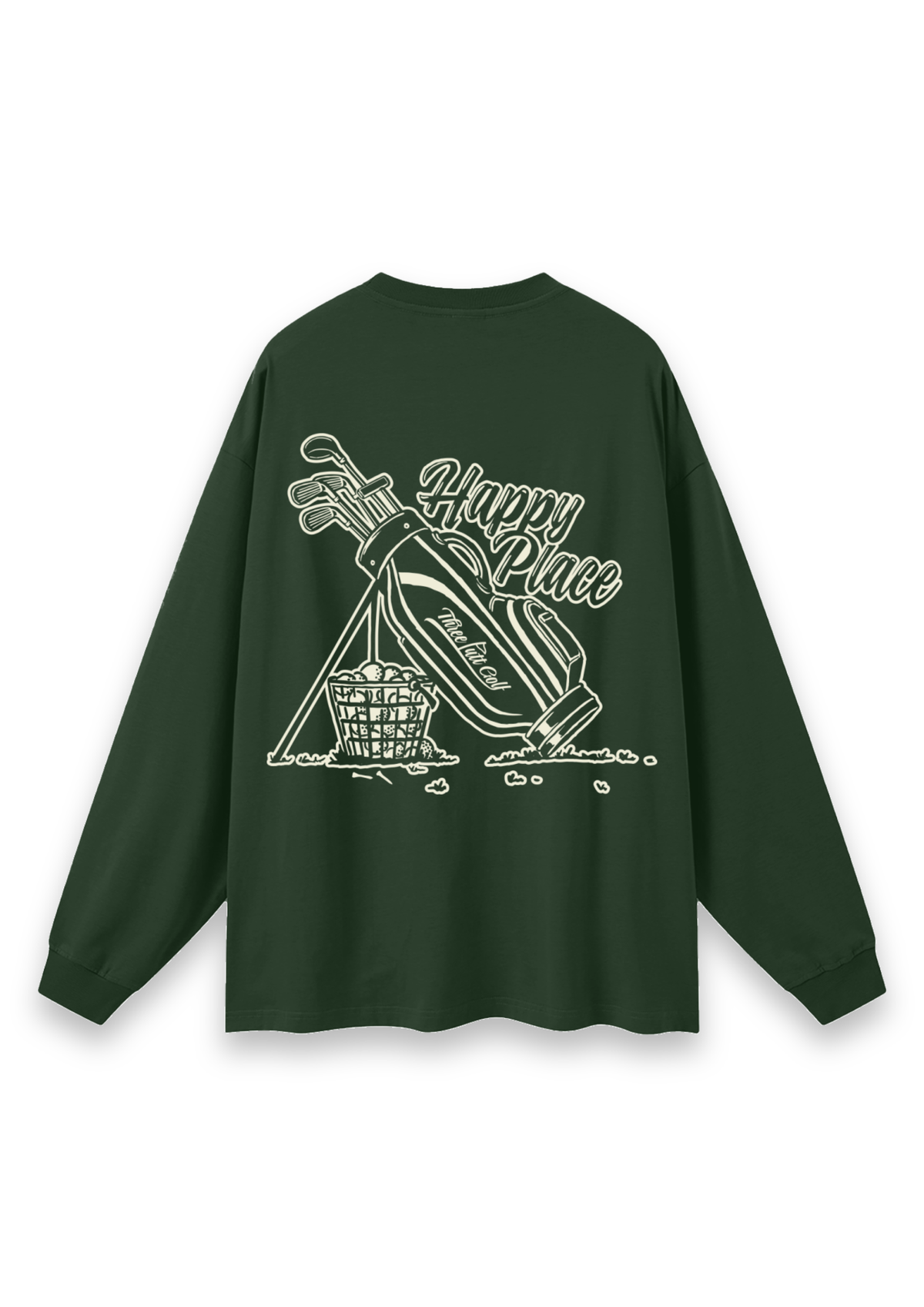 Happy Place golf long-sleeve tee in Forest Green, back view showing the golf bag, range-ball basket and Happy Place script #Colour_Forest Green