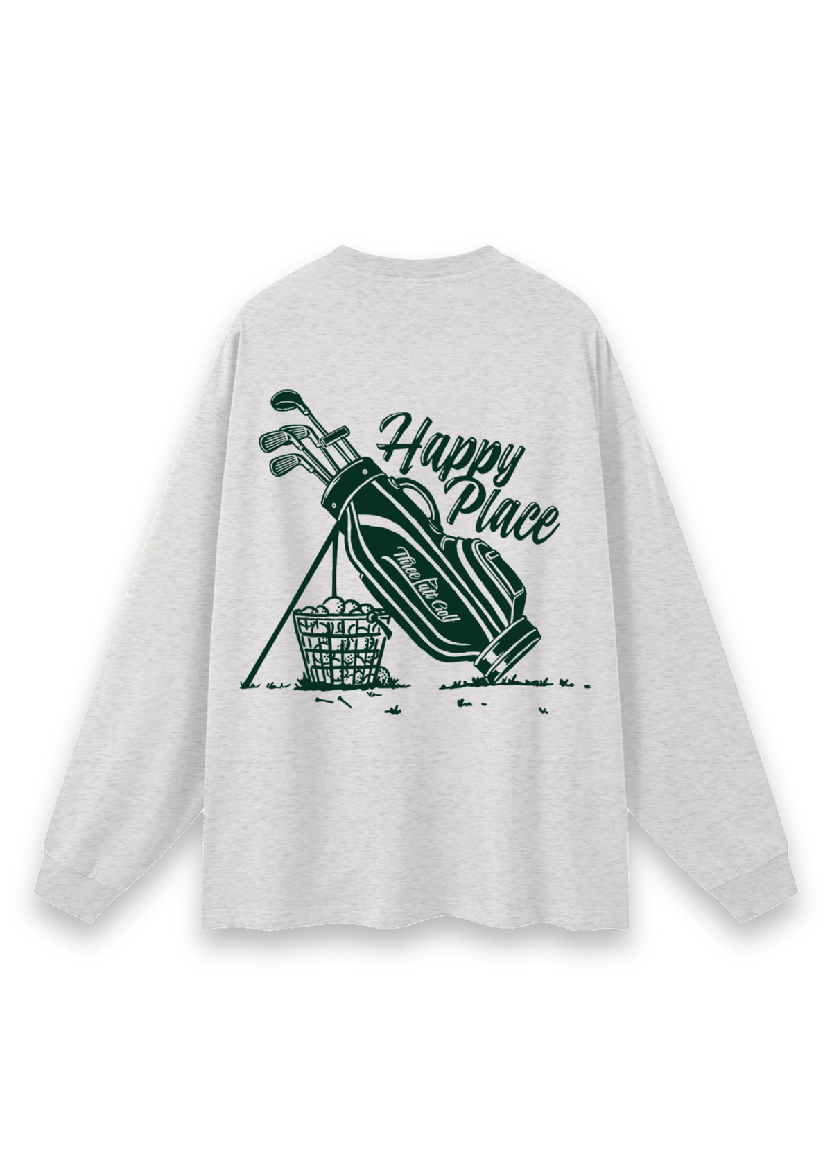 Happy Place golf long-sleeve tee in Oatmeal, back view showing the golf bag, range-ball basket and Happy Place script #Colour_Oatmeal