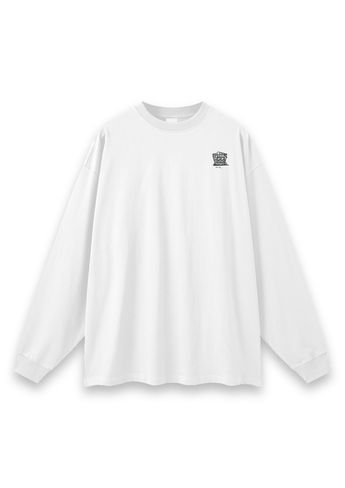 Happy Place golf long-sleeve tee in White, front view with the range-ball basket on the chest #Colour_White