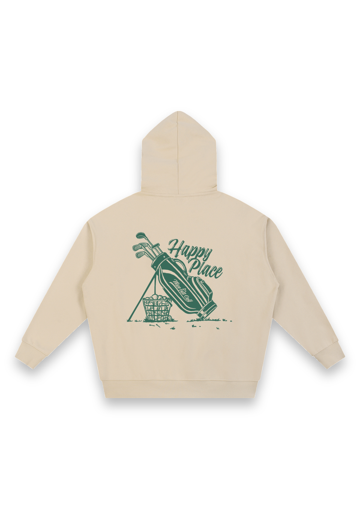 Happy Place golf hoodie in Sand, back view showing the golf bag, range-ball basket and Happy Place script #Colour_Sand