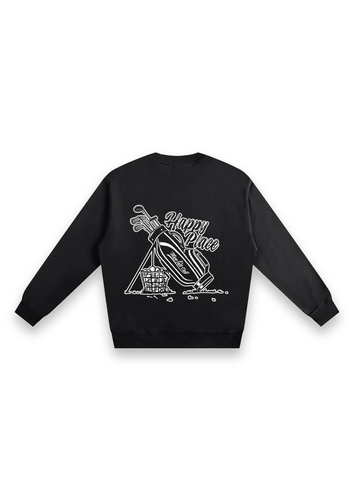 Happy Place golf sweatshirt in Black, back view showing the golf bag, range-ball basket and Happy Place script #Colour_Black