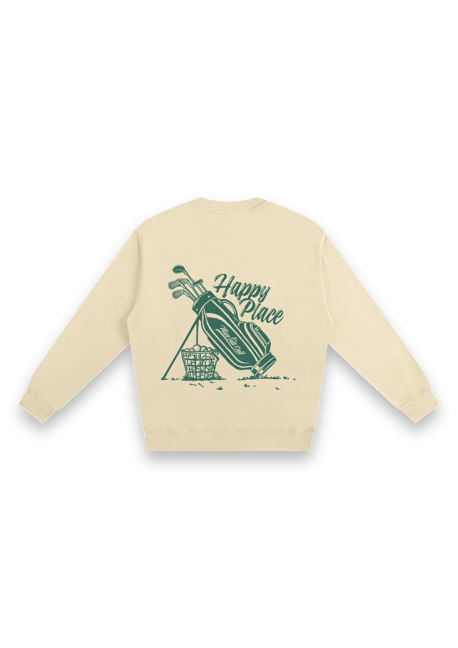Happy Place golf sweatshirt in Cream, back view showing the golf bag, range-ball basket and Happy Place script
