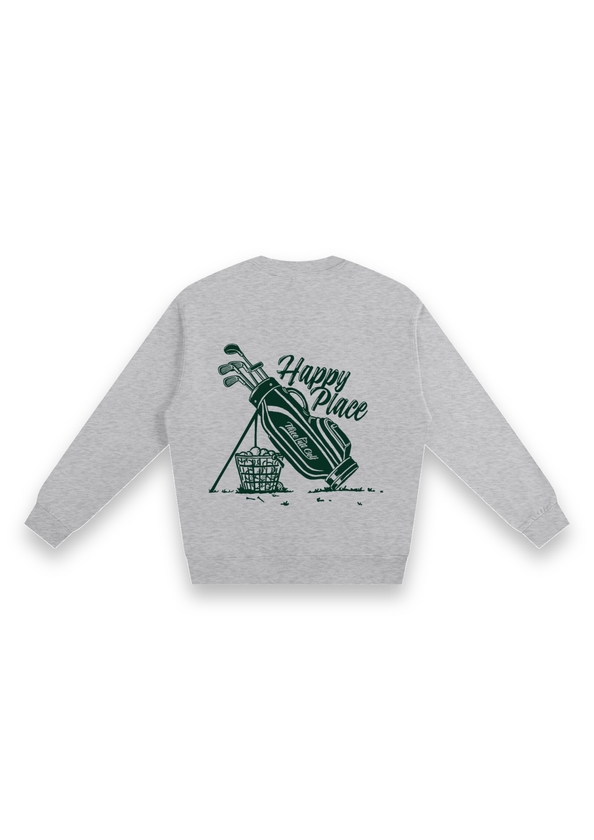 Happy Place golf sweatshirt in Grey Marl, back view showing the golf bag, range-ball basket and Happy Place script #Colour_Grey Marl