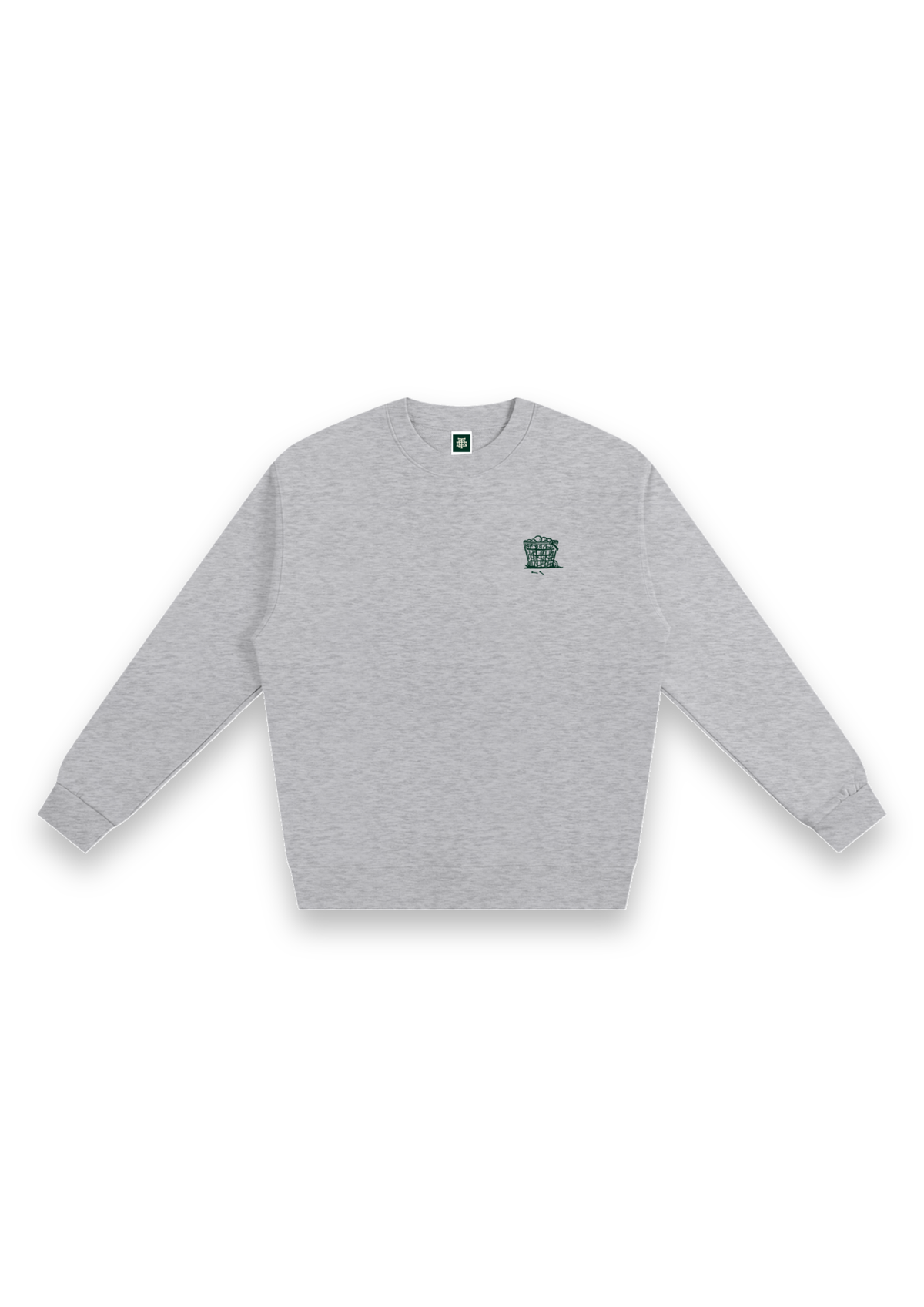 Happy Place golf sweatshirt in Grey Marl, front view with the range-ball basket on the chest #Colour_Grey Marl