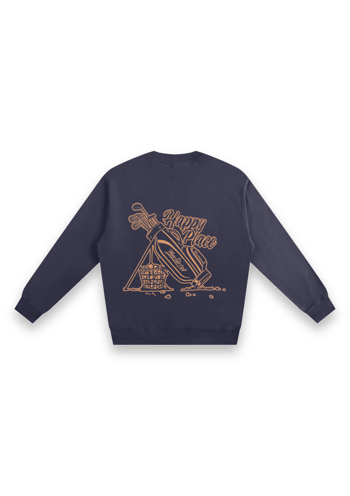 Happy Place golf sweatshirt in Navy, back view showing the golf bag, range-ball basket and Happy Place script #Colour_Navy