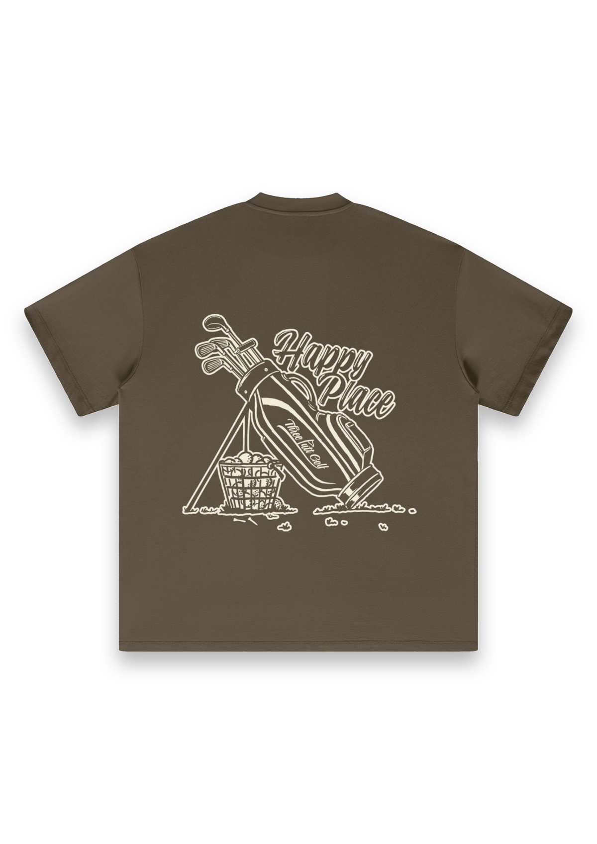 Happy Place golf T-shirt in Brown, back view showing the golf bag, range-ball basket and Happy Place script #Colour_Brown