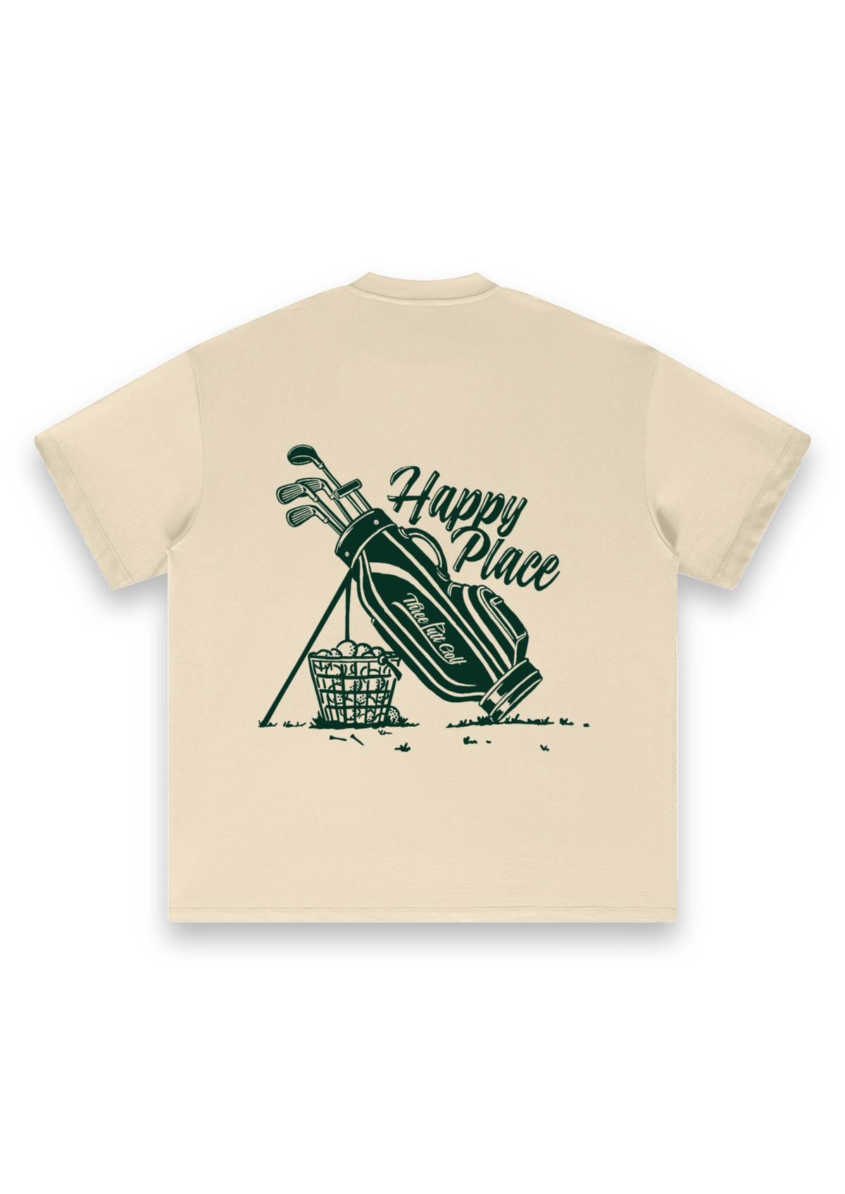 Happy Place golf T-shirt in Cream, back view showing the golf bag, range-ball basket and Happy Place script #Colour_Cream