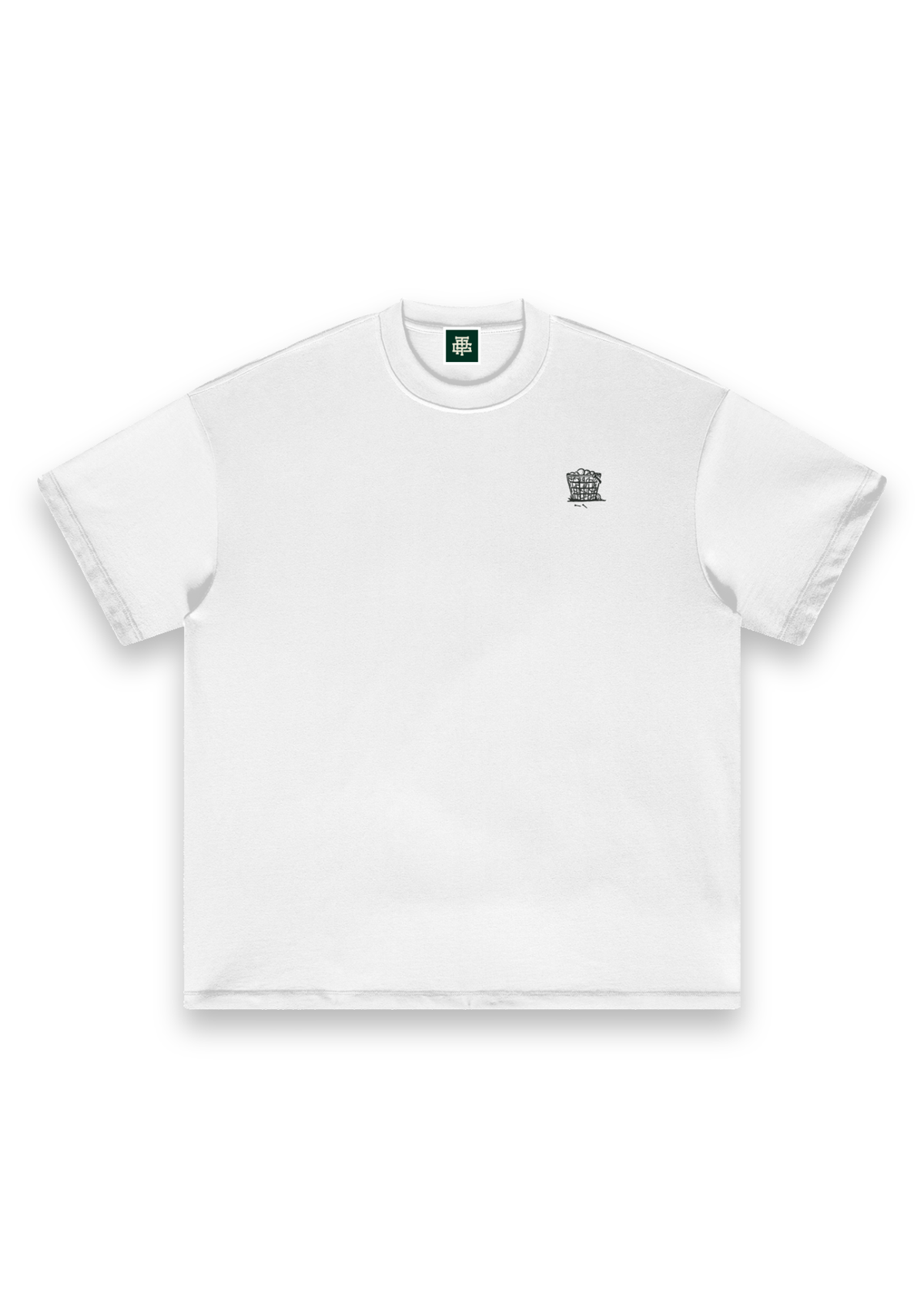 Happy Place golf T-shirt in White, front view with the range-ball basket on the chest #Colour_White