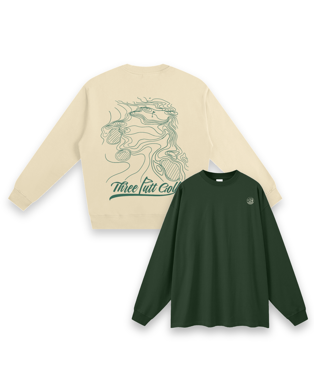 Contours sweatshirt in Cream seen from the back, layered behind the Contours long-sleeve tee in Forest Green
