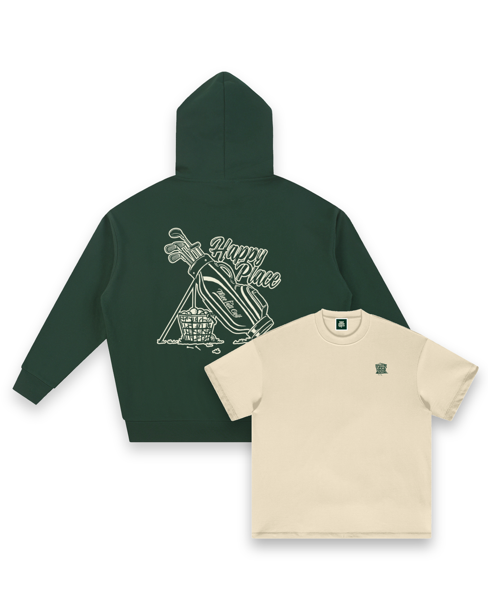 Happy Place hoodie in Forest Green seen from the back, layered behind the Happy Place tee in Cream