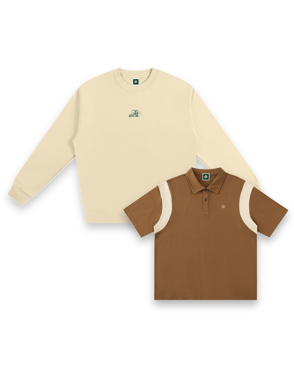 Reckless Driving sweatshirt in Cream seen from the front, layered behind the Dogleg polo in Brown with Cream