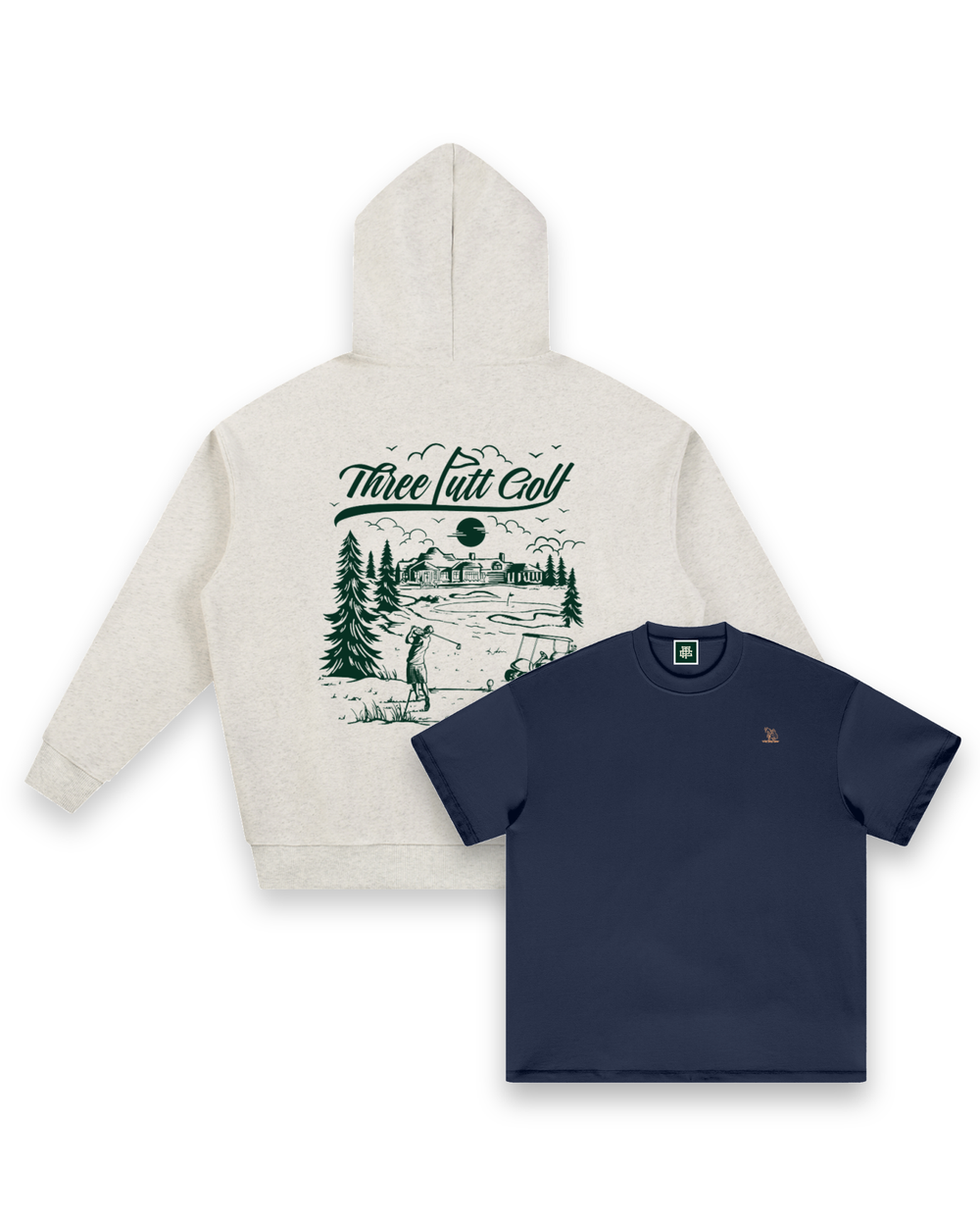 The Scenic Route hoodie in Oatmeal seen from the back, layered behind The Scenic Route tee in Navy