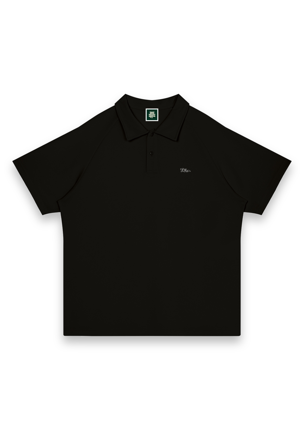 Pin High golf polo shirt in Black, front view with the TPG flag mark on the chest #Colour_Black