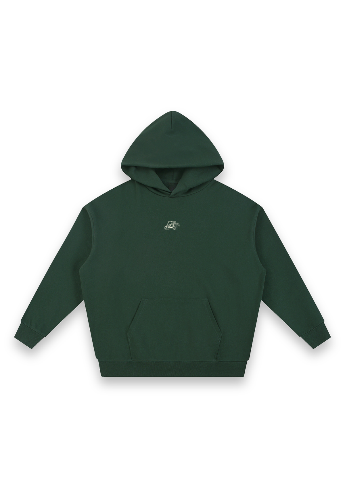 Reckless Driving golf hoodie in Forest Green, front view with the cow driving a golf cart printed on the chest #Colour_Forest Green