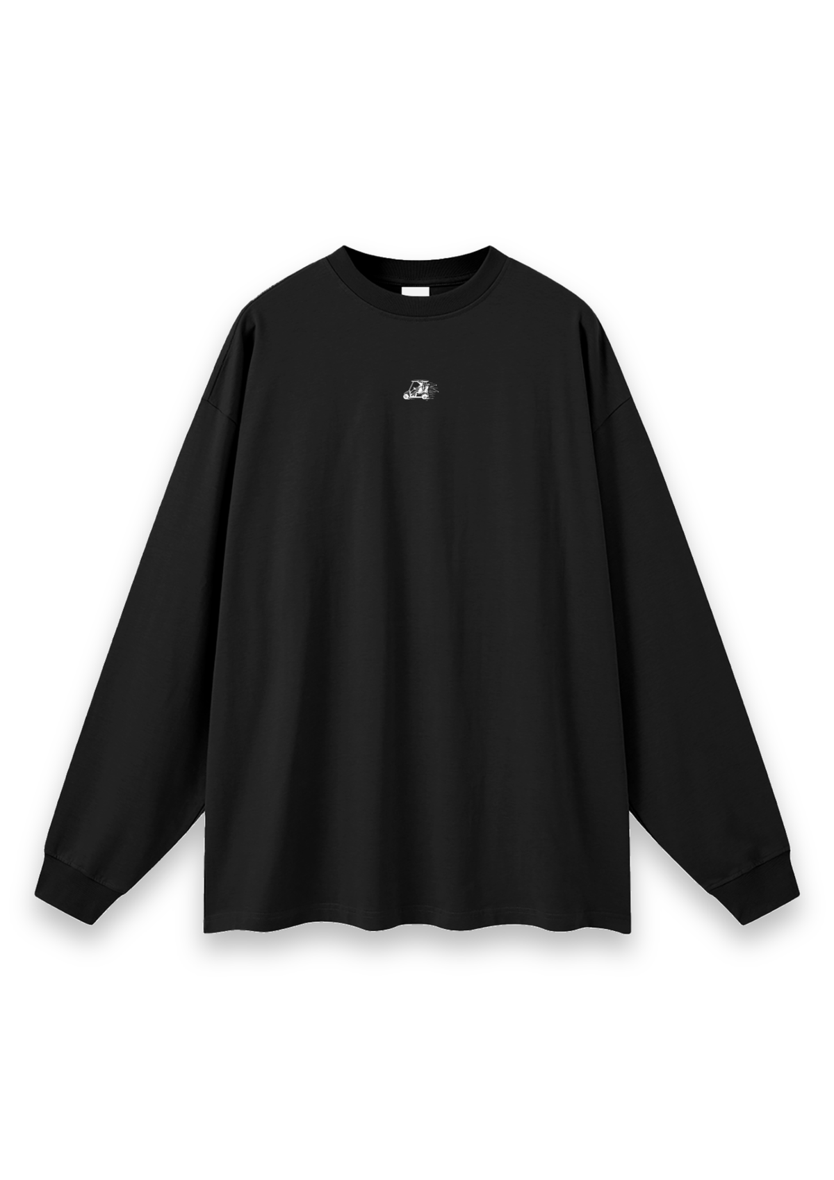 Reckless Driving golf long-sleeve tee in Black, front view with the cow driving a golf cart printed on the chest #Colour_Black