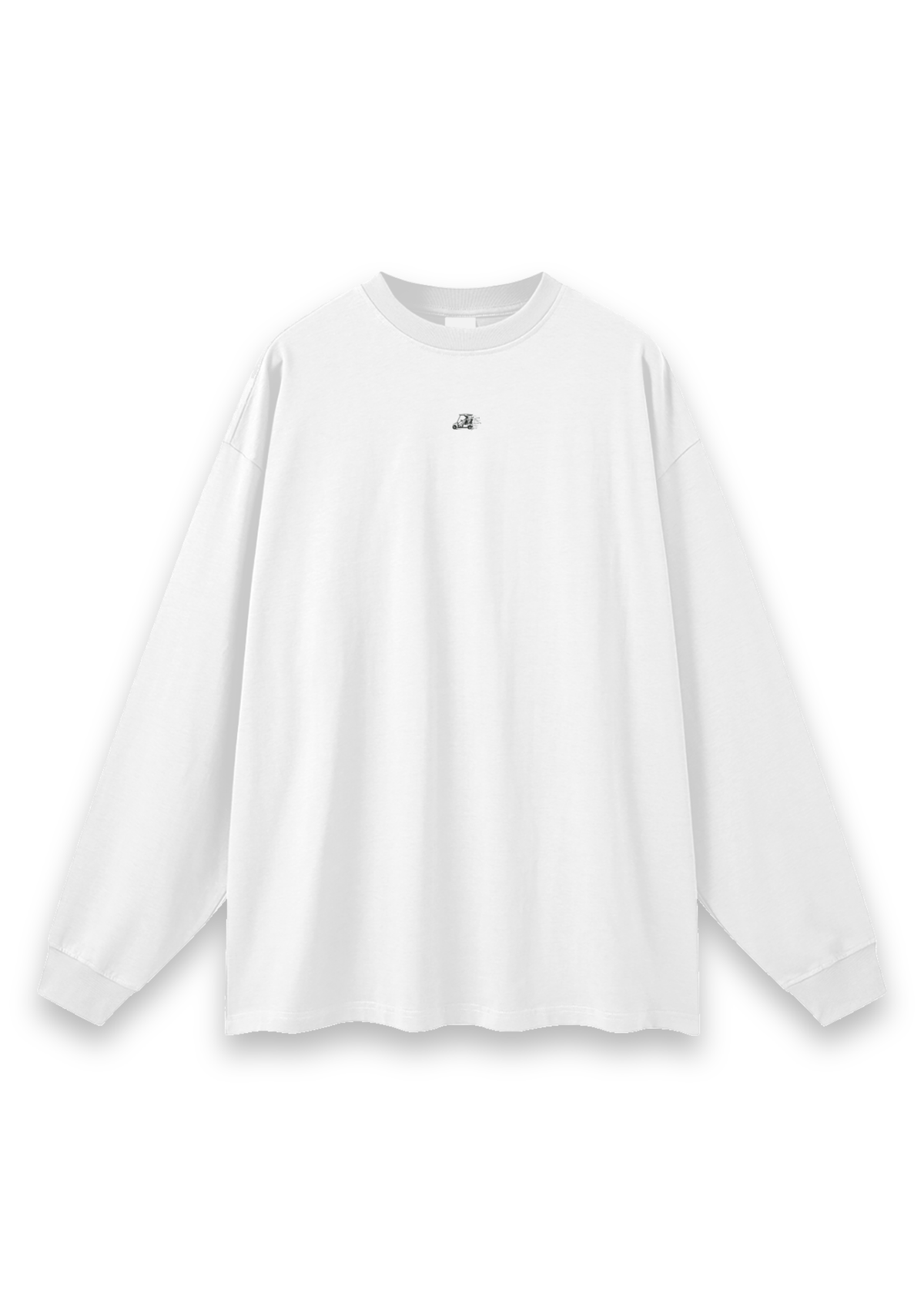 Reckless Driving golf long-sleeve tee in White, front view with the cow driving a golf cart printed on the chest #Colour_White