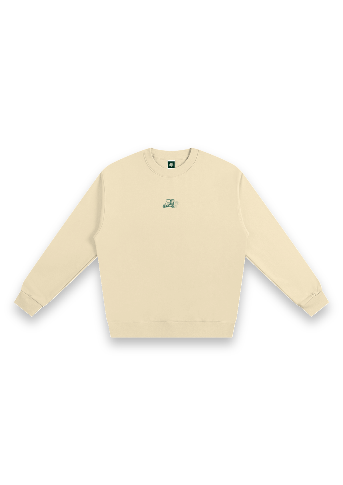 Reckless Driving golf sweatshirt in Cream, front view with the cow driving a golf cart printed on the chest #Colour_Cream