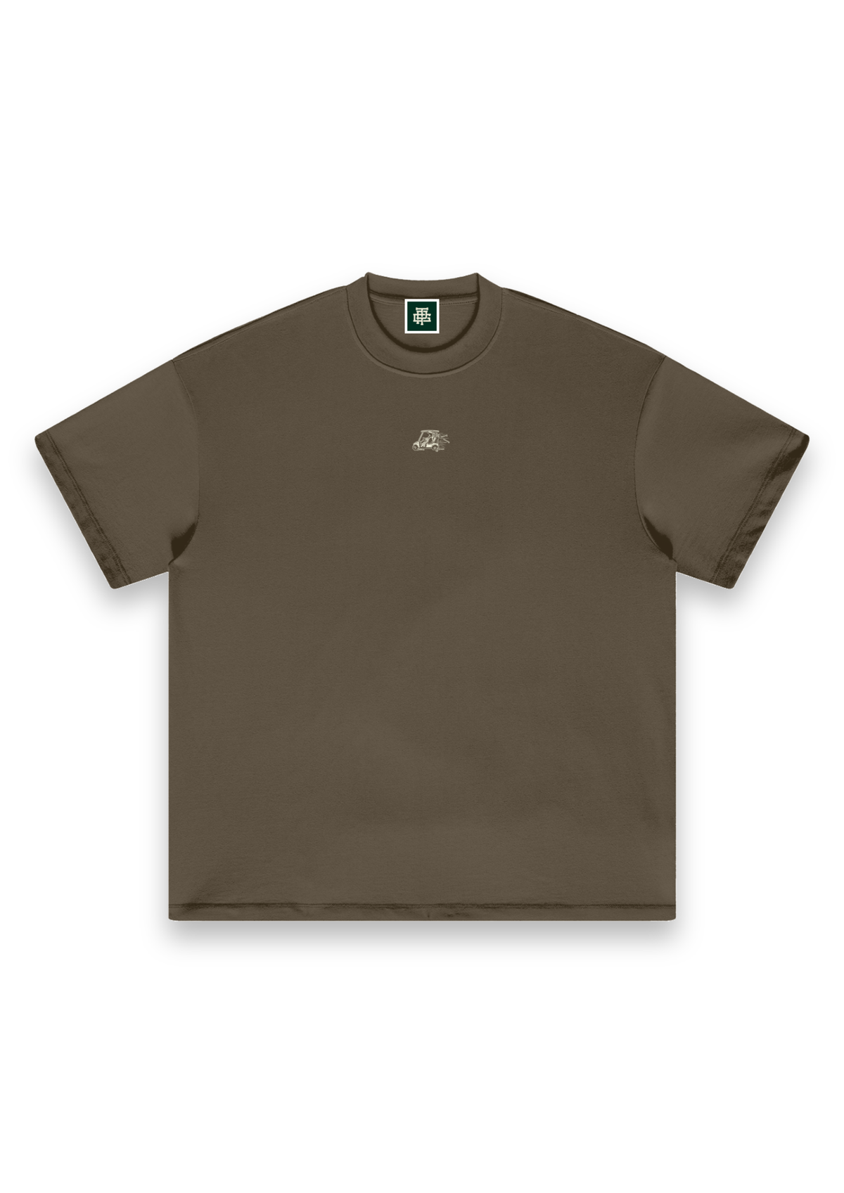 Reckless Driving golf T-shirt in Brown, front view with the cow driving a golf cart printed on the chest #Colour_Brown
