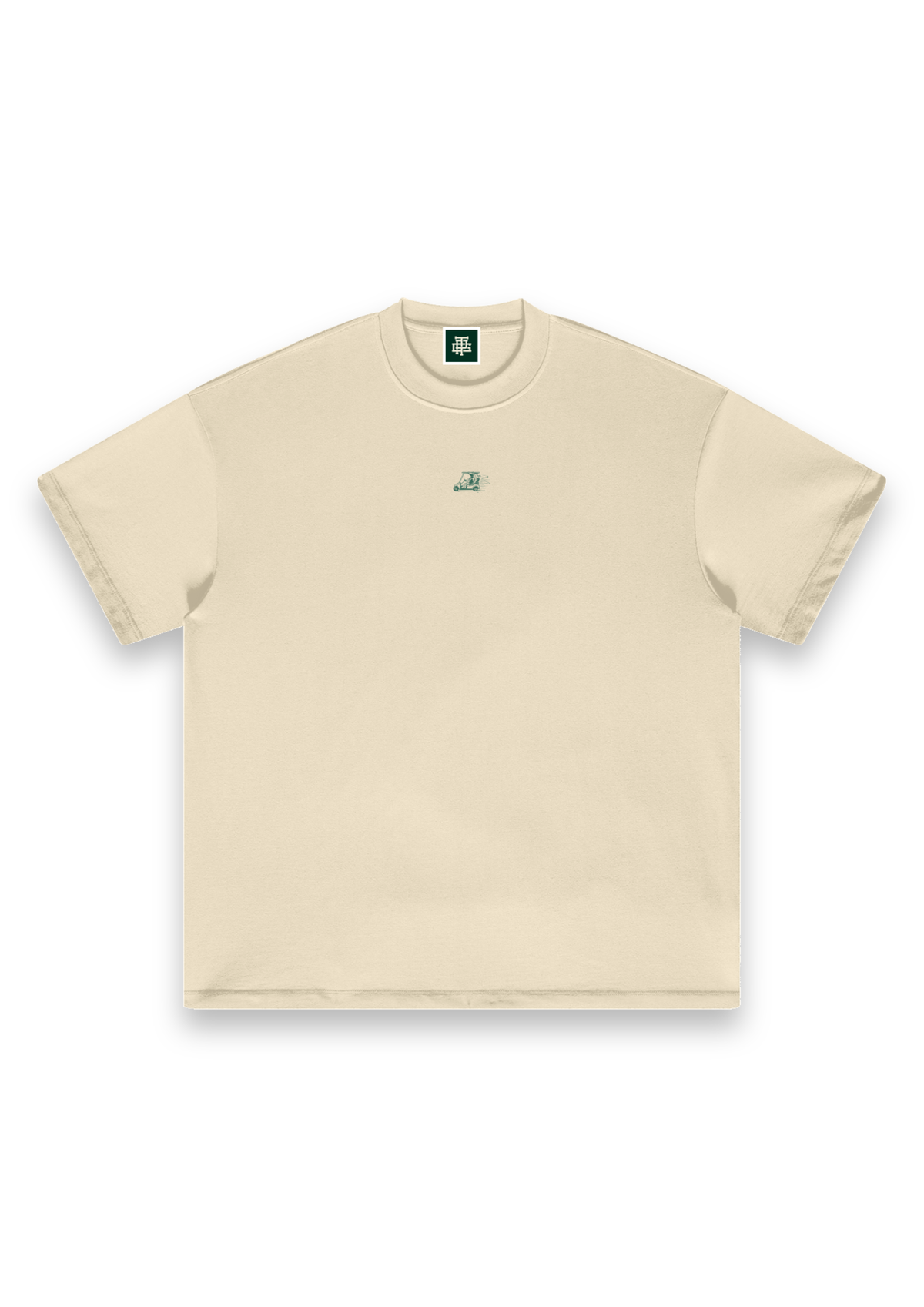 Reckless Driving golf T-shirt in Cream, front view with the cow driving a golf cart printed on the chest #Colour_Cream
