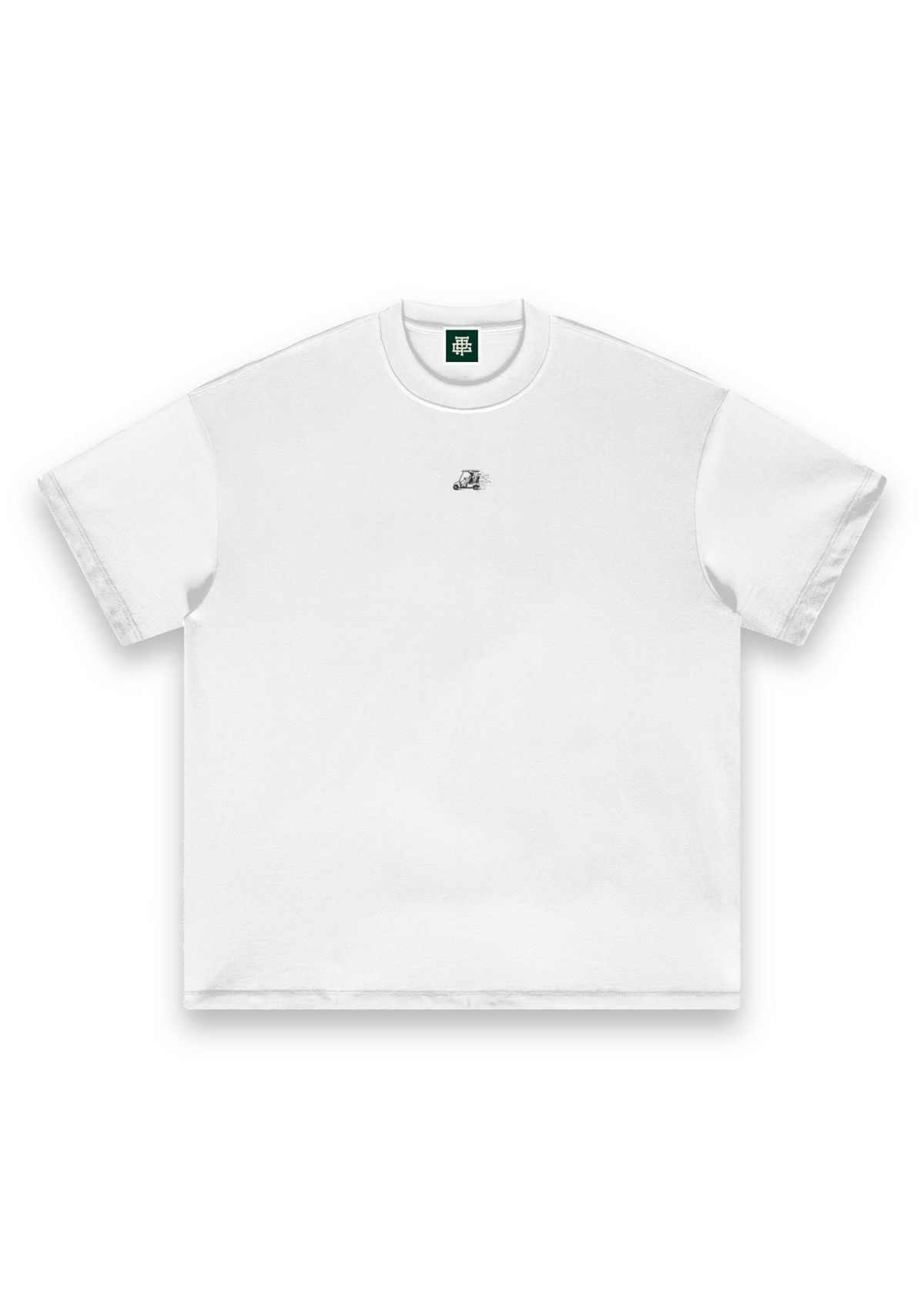 Reckless Driving golf T-shirt in White, front view with the cow driving a golf cart printed on the chest #Colour_White