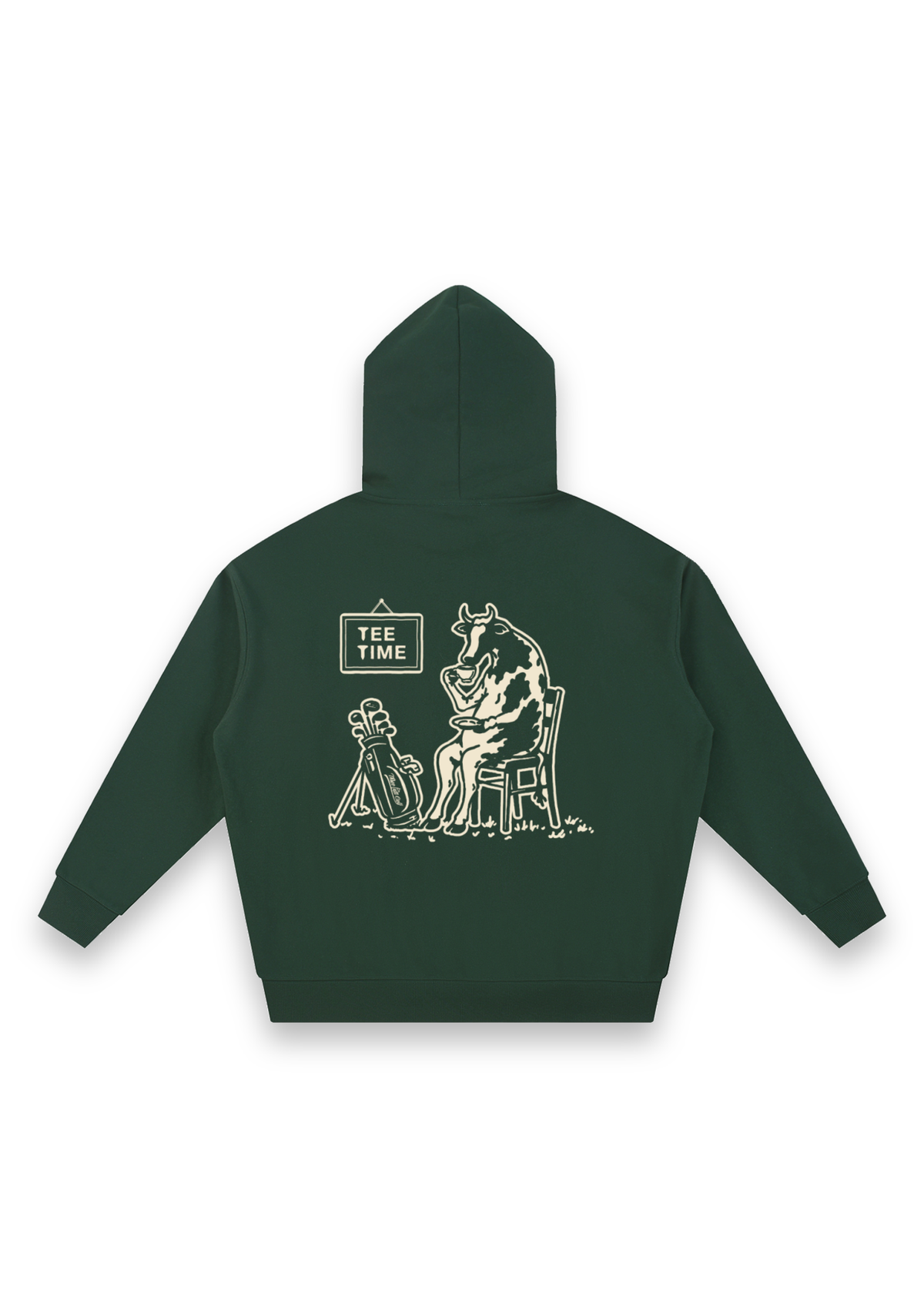 Tee Time golf hoodie in Forest Green, back view showing the cow having a cup of tea beside its clubs under the Tee Time sign #Colour_Forest Green