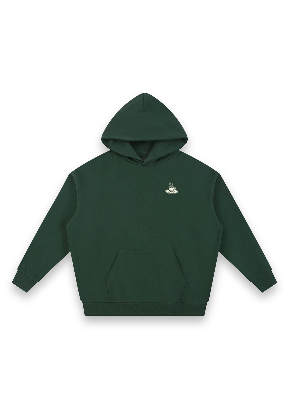 Tee Time golf hoodie in Forest Green, front view with the teacup print on the chest #Colour_Forest Green