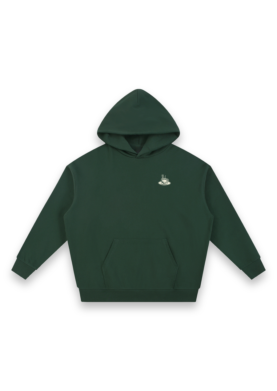 Tee Time golf hoodie in Forest Green, front view with the teacup print on the chest
