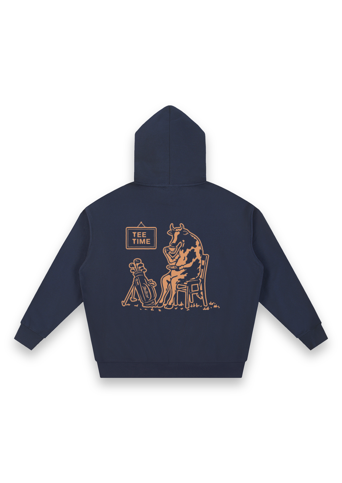 Tee Time golf hoodie in Navy, back view showing the cow having a cup of tea beside its clubs under the Tee Time sign #Colour_Navy