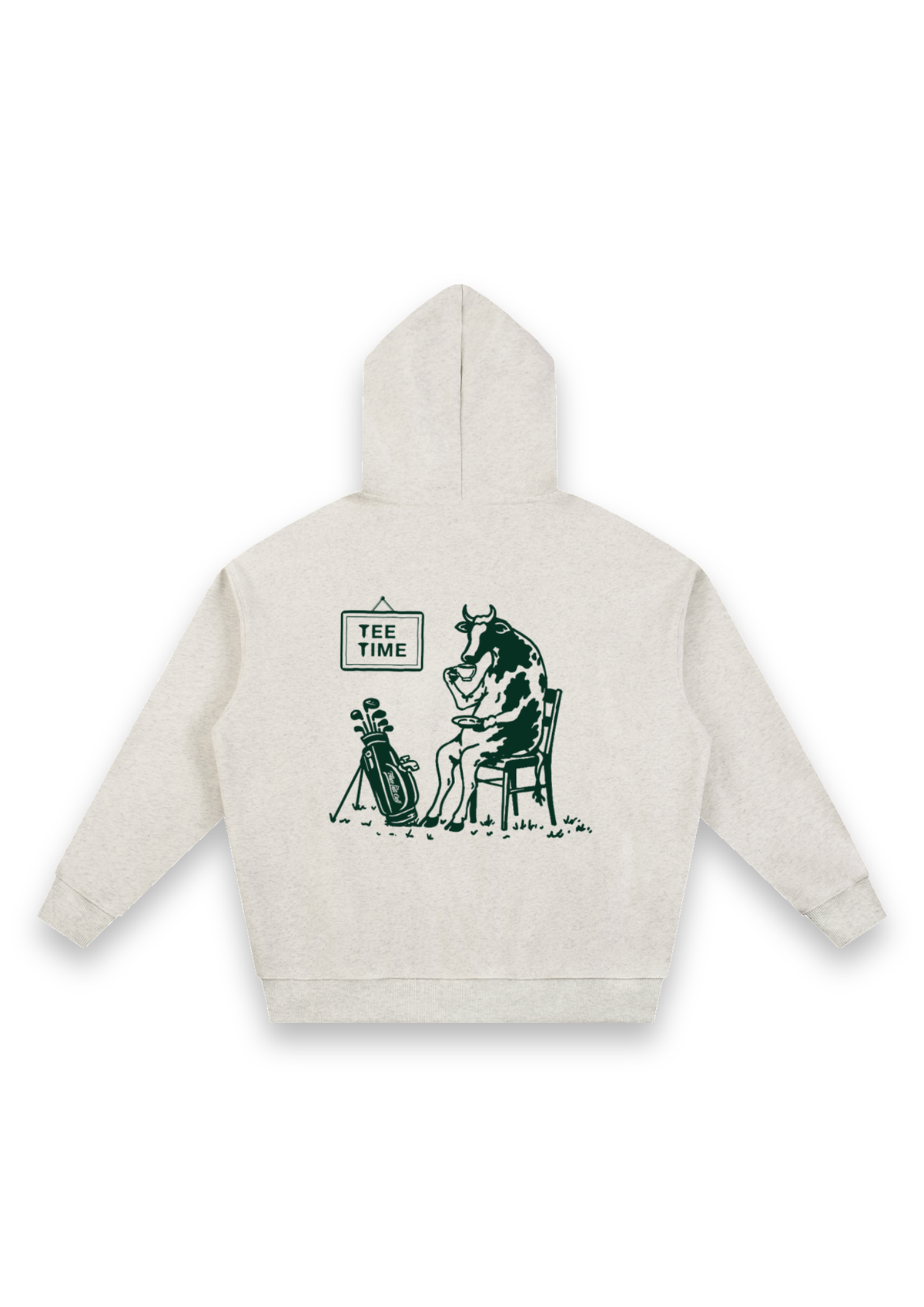 Tee Time golf hoodie in Oatmeal, back view showing the cow having a cup of tea beside its clubs under the Tee Time sign #Colour_Oatmeal