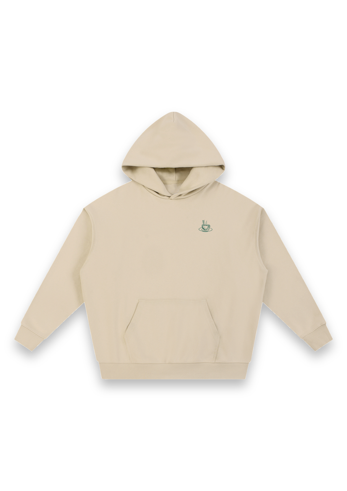 Tee Time golf hoodie in Sand, front view with the teacup print on the chest #Colour_Sand