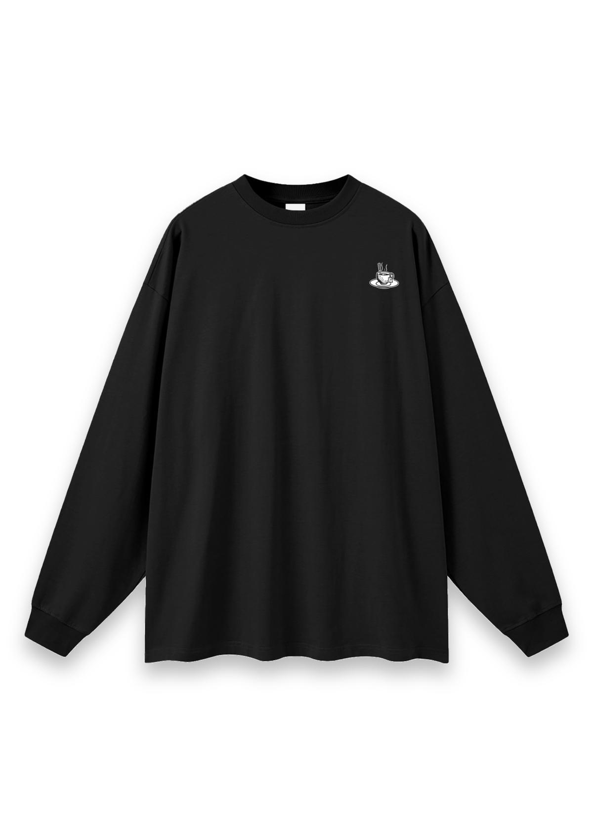 Tee Time golf long-sleeve tee in Black, front view with the teacup print on the chest #Colour_Black