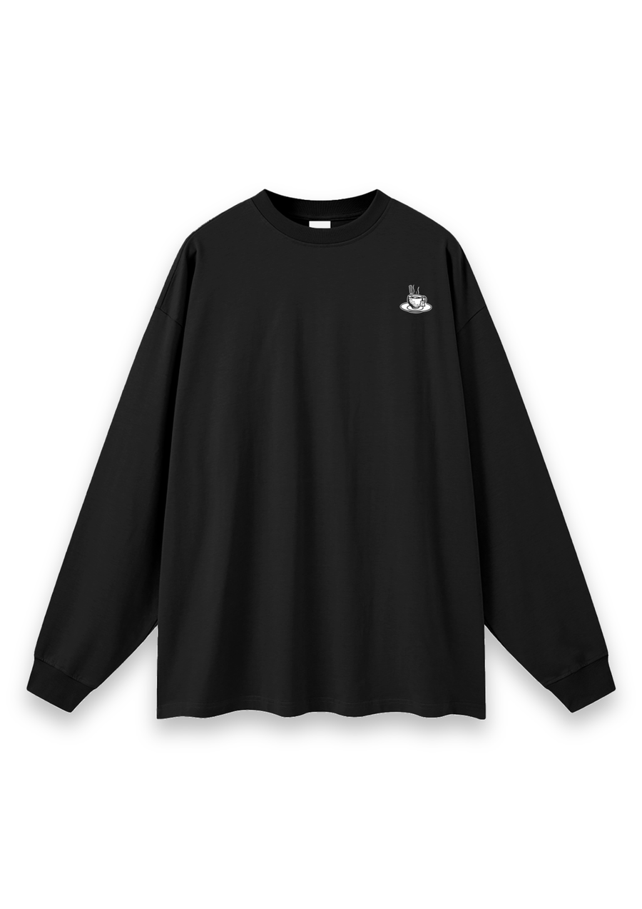 Tee Time golf long-sleeve tee in Black, front view with the teacup print on the chest