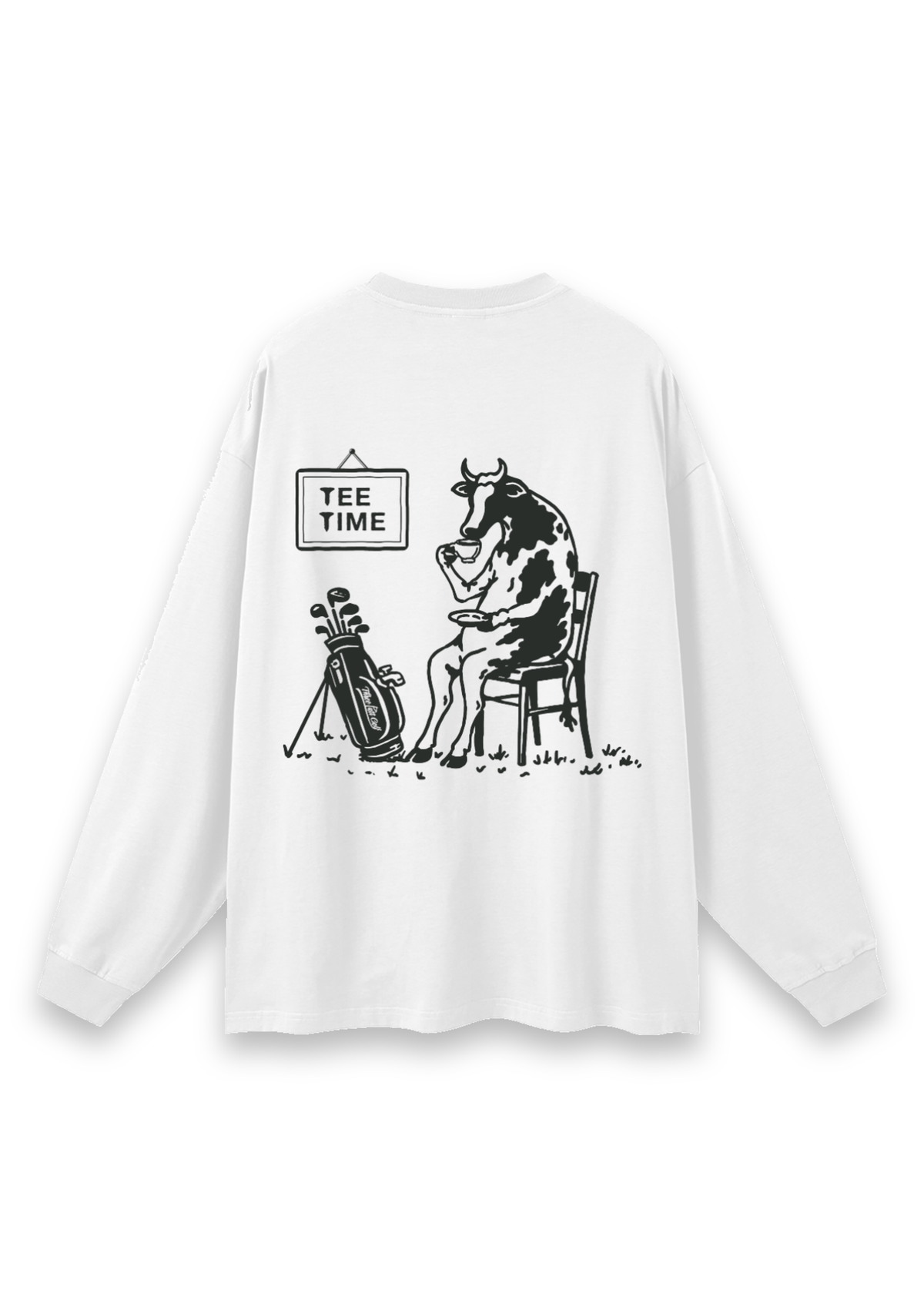 Tee Time golf long-sleeve tee in White, back view showing the cow having a cup of tea beside its clubs under the Tee Time sign #Colour_White