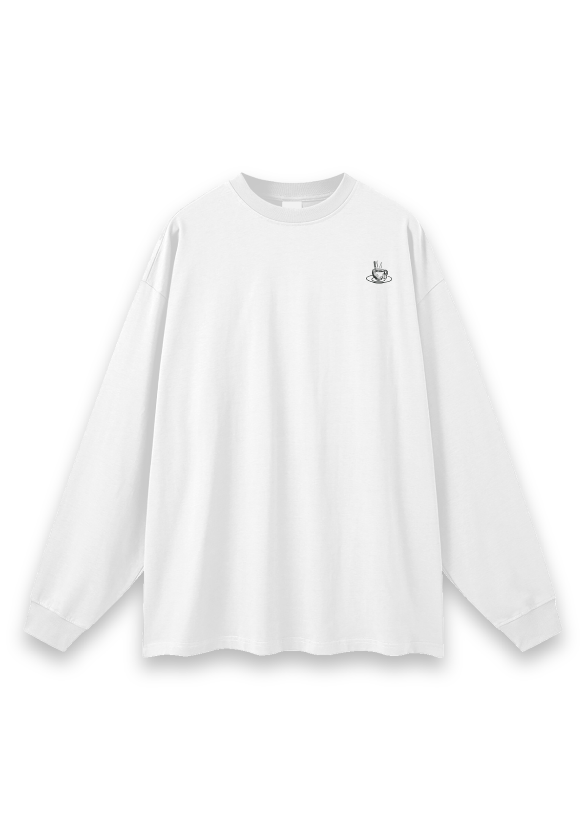 Tee Time golf long-sleeve tee in White, front view with the teacup print on the chest #Colour_White