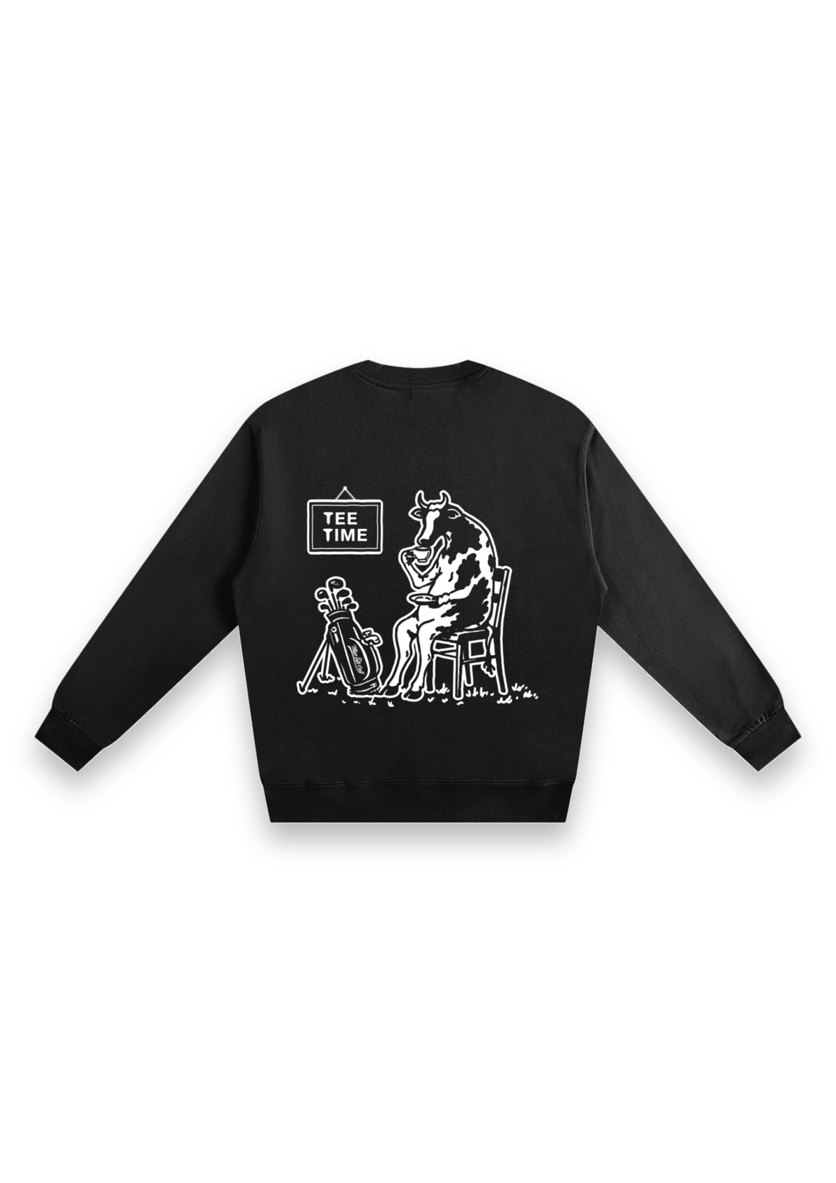 Tee Time golf sweatshirt in Black, back view showing the cow having a cup of tea beside its clubs under the Tee Time sign #Colour_Black