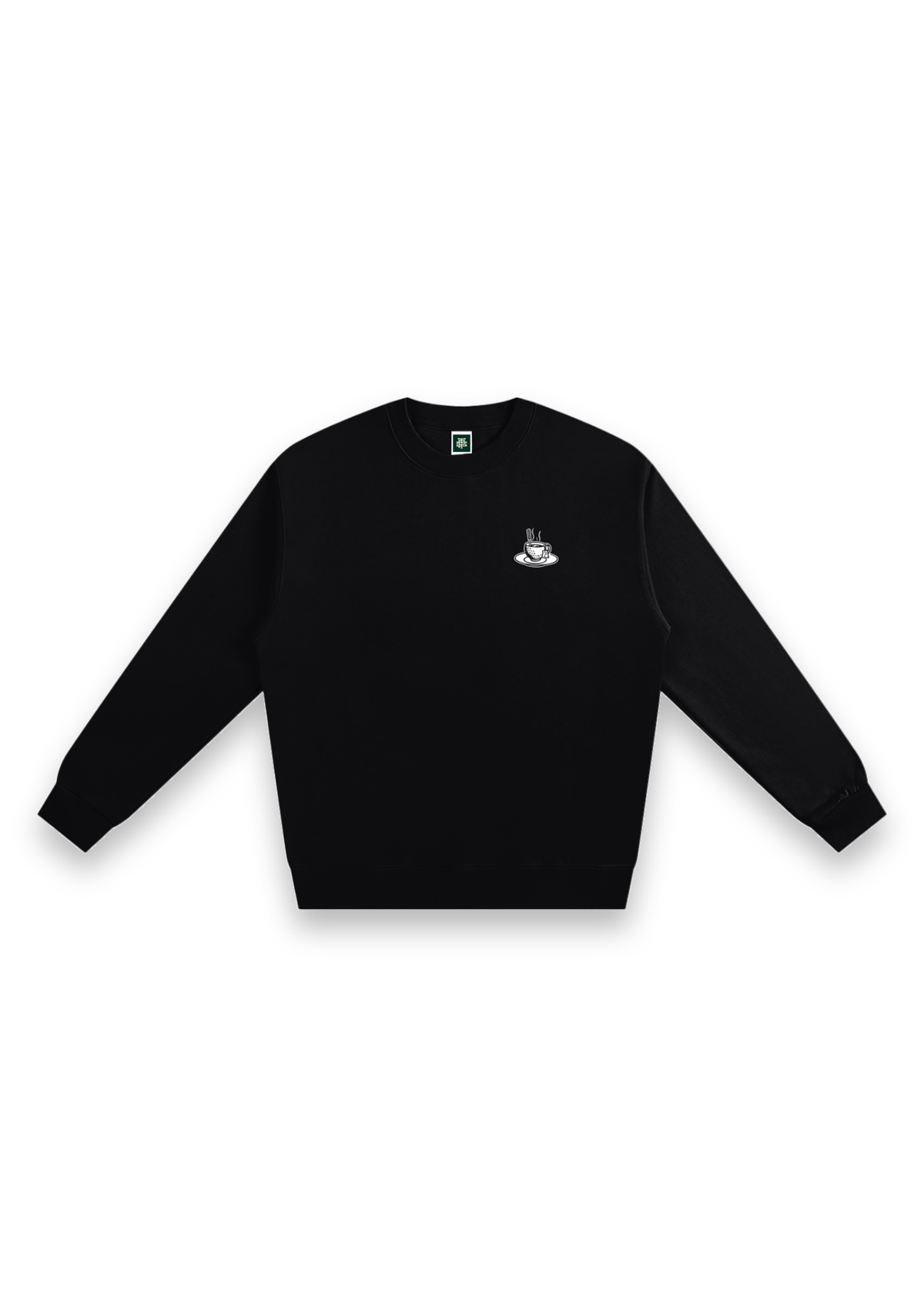 Tee Time golf sweatshirt in Black, front view with the teacup print on the chest #Colour_Black