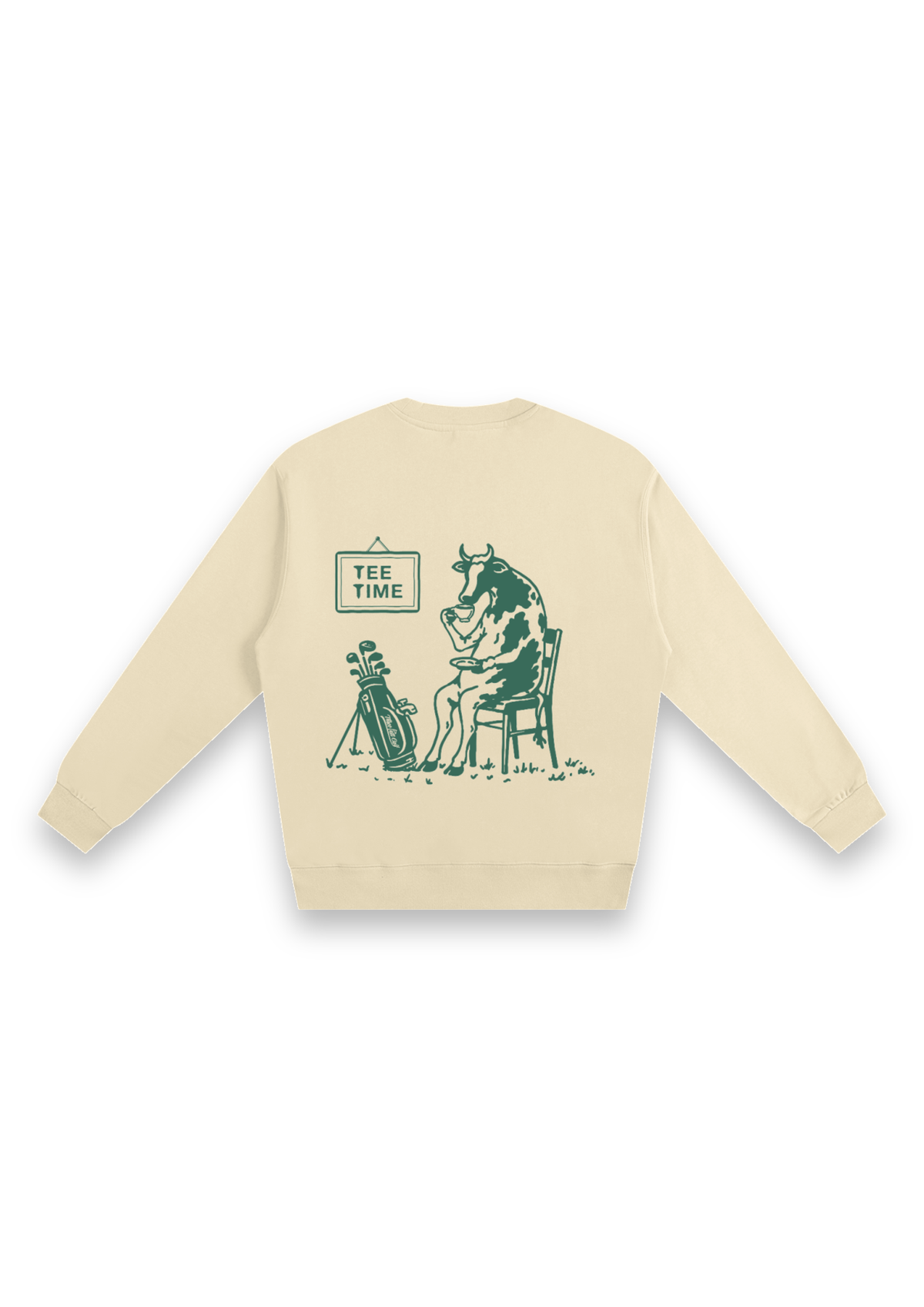 Tee Time golf sweatshirt in Cream, back view showing the cow having a cup of tea beside its clubs under the Tee Time sign #Colour_Cream