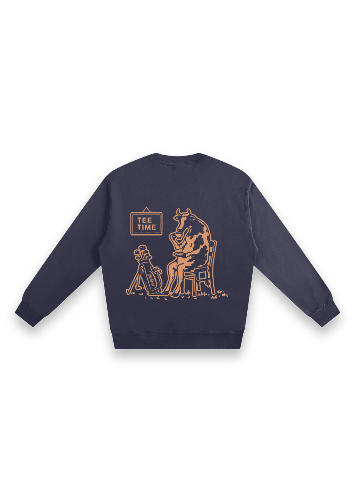 Tee Time golf sweatshirt in Navy, back view showing the cow having a cup of tea beside its clubs under the Tee Time sign #Colour_Navy