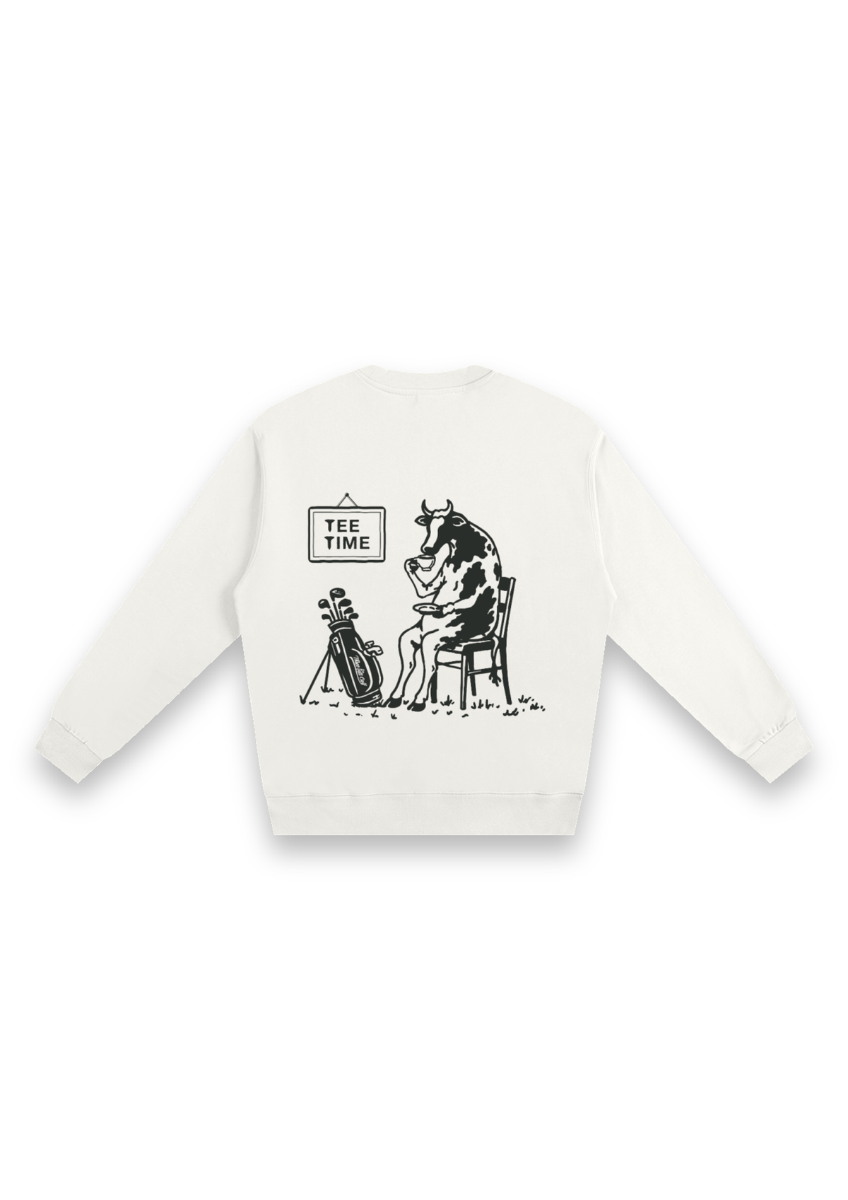 Tee Time golf sweatshirt in Off-White, back view showing the cow having a cup of tea beside its clubs under the Tee Time sign #Colour_Off-White