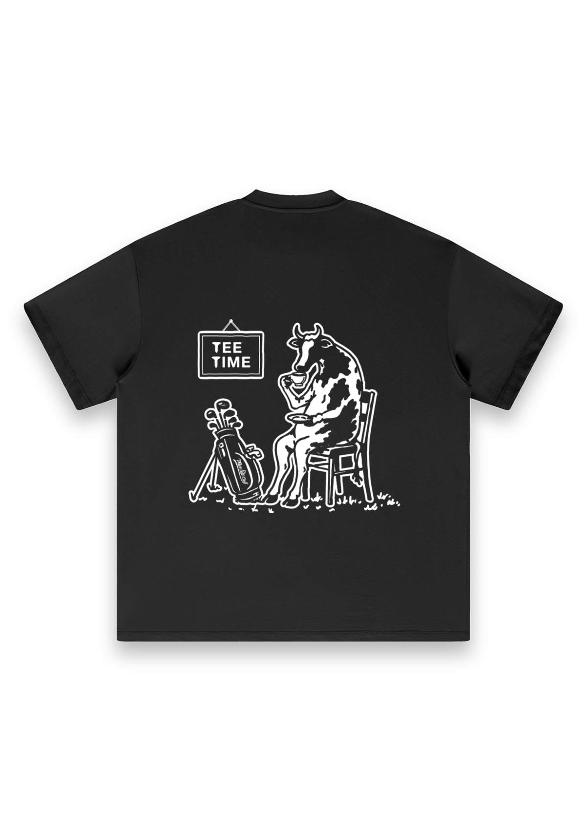 Tee Time golf T-shirt in Black, back view showing the cow having a cup of tea beside its clubs under the Tee Time sign #Colour_Black