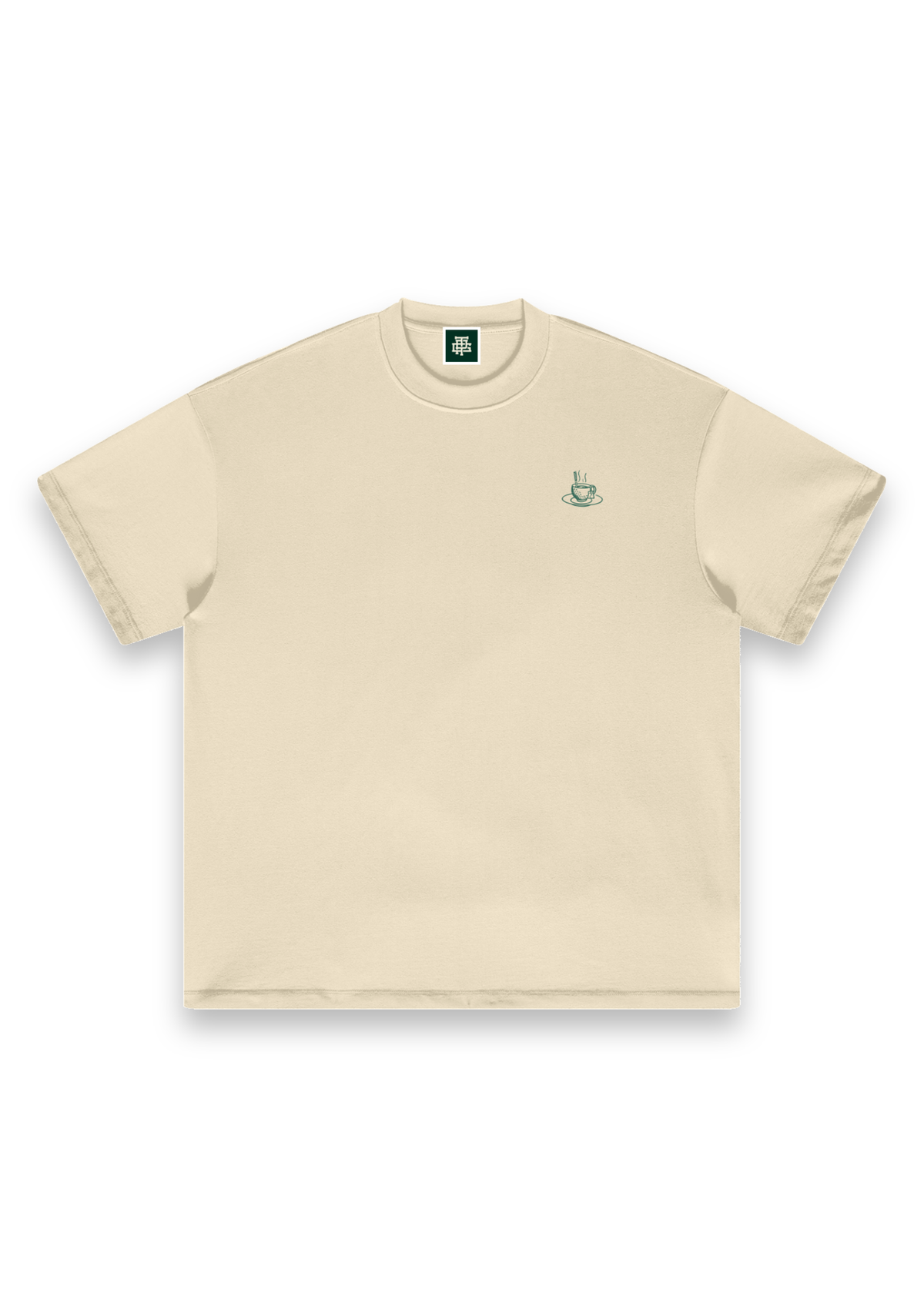 Tee Time golf T-shirt in Cream, front view with the teacup print on the chest #Colour_Cream