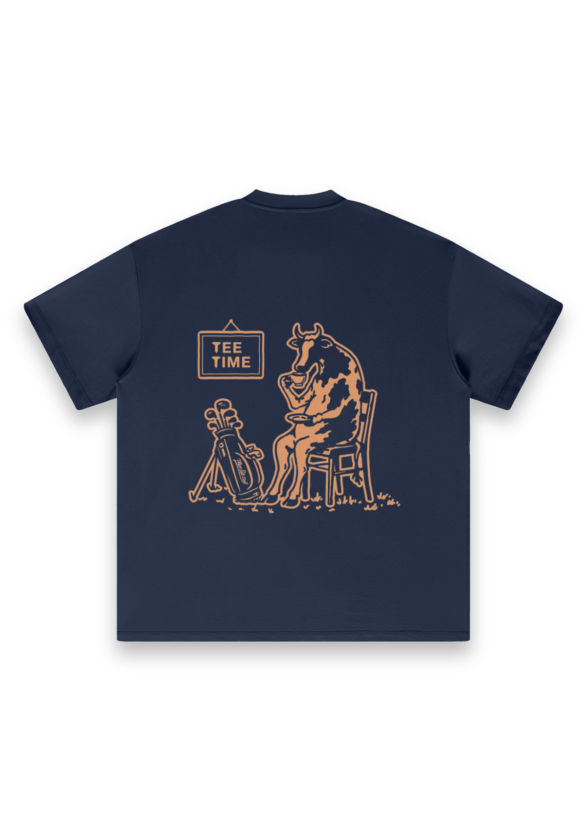 Tee Time golf T-shirt in Navy, back view showing the cow having a cup of tea beside its clubs under the Tee Time sign #Colour_Navy