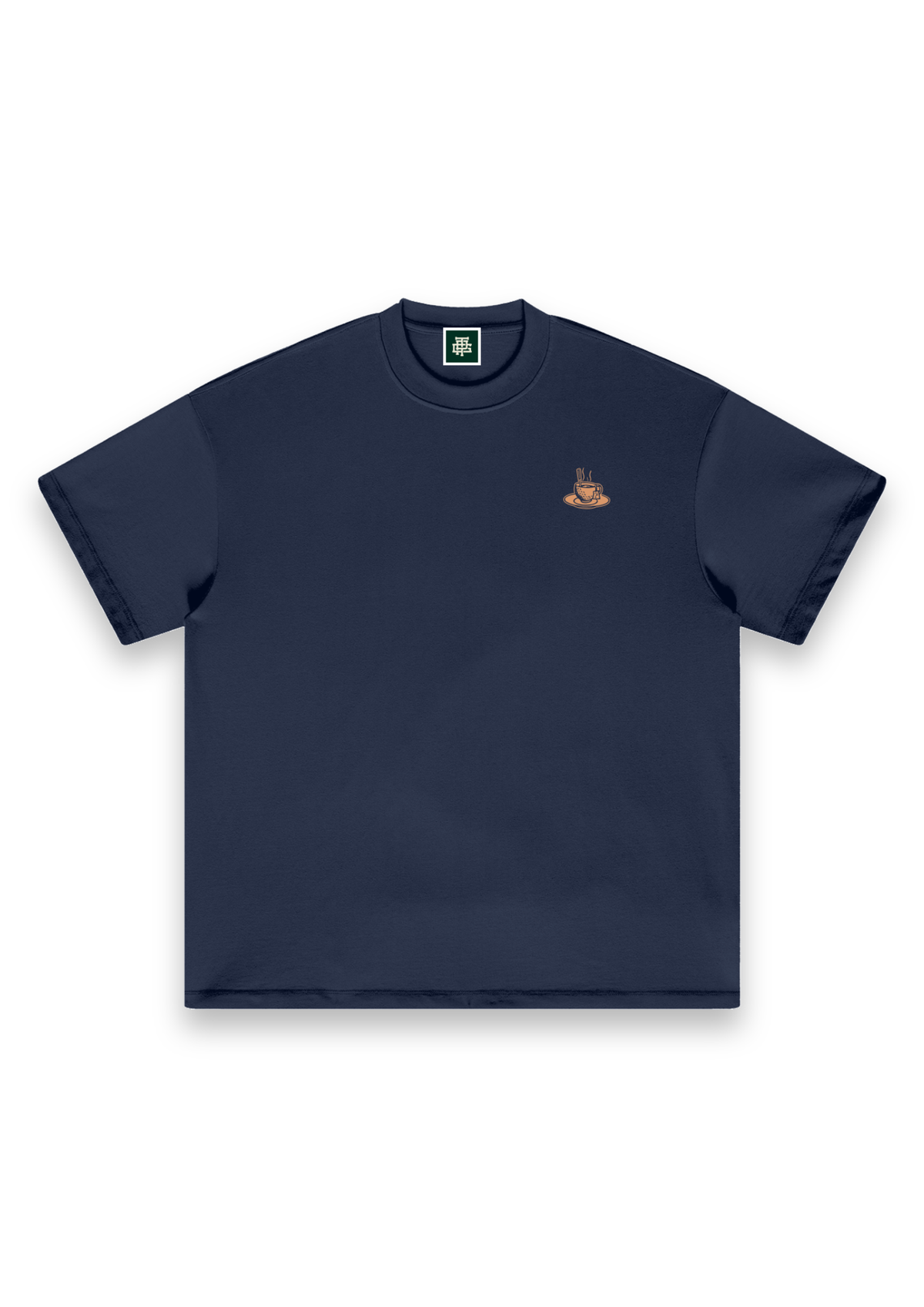 Tee Time golf T-shirt in Navy, front view with the teacup print on the chest #Colour_Navy