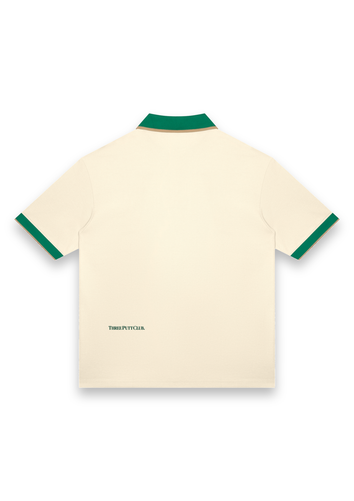 The Caddie retro golf polo shirt in Cream with Green, back view showing the tipped collar and cuffs and the Three Putt Club wordmark on the lower back #Colour_Cream with Green