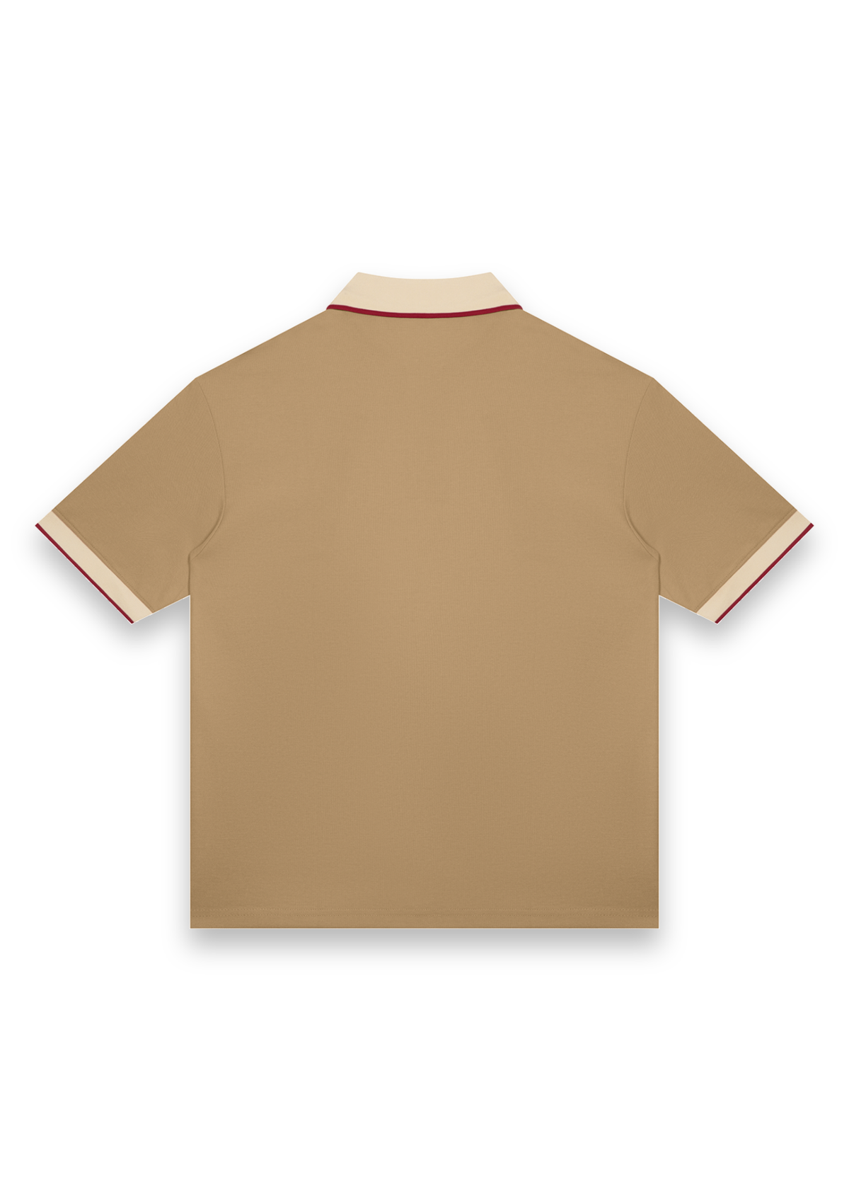 The Caddie retro golf polo shirt in Tan with Cream, back view showing the tipped collar and cuffs #Colour_Tan with Cream