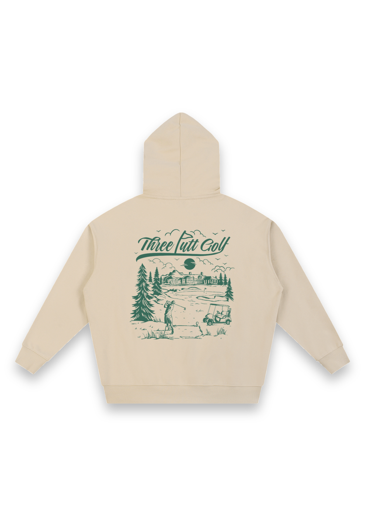 The Scenic Route golf hoodie in Sand, back view showing the hand-drawn golf course scene #Colour_Sand
