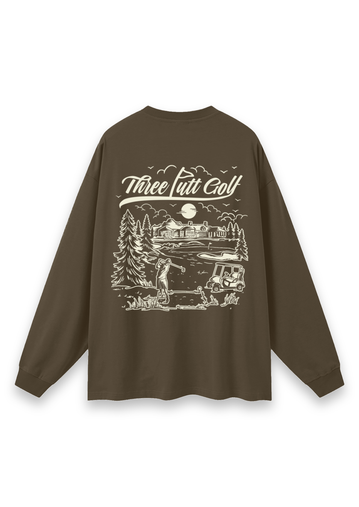 The Scenic Route golf long-sleeve tee in Brown, back view showing the hand-drawn golf course scene #Colour_Brown