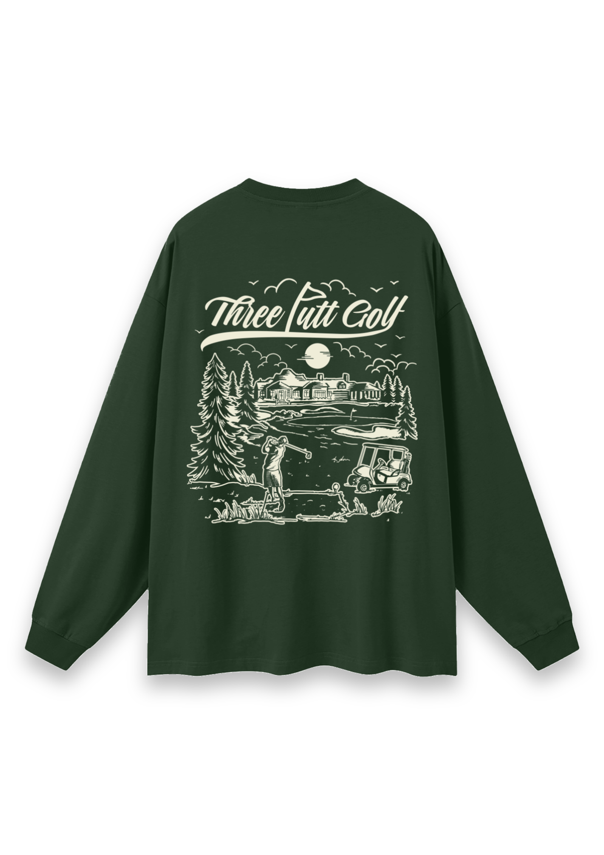 The Scenic Route golf long-sleeve tee in Forest Green, back view showing the hand-drawn golf course scene #Colour_Forest Green