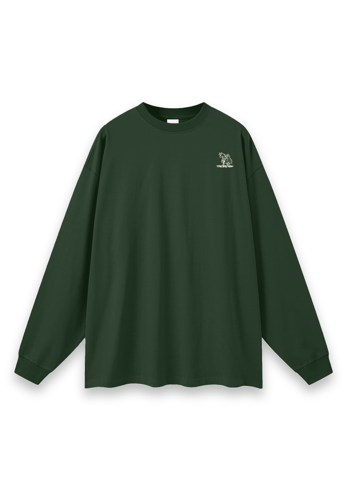 The Scenic Route golf long-sleeve tee in Forest Green, front view with the cow-and-golf-bag chest print #Colour_Forest Green