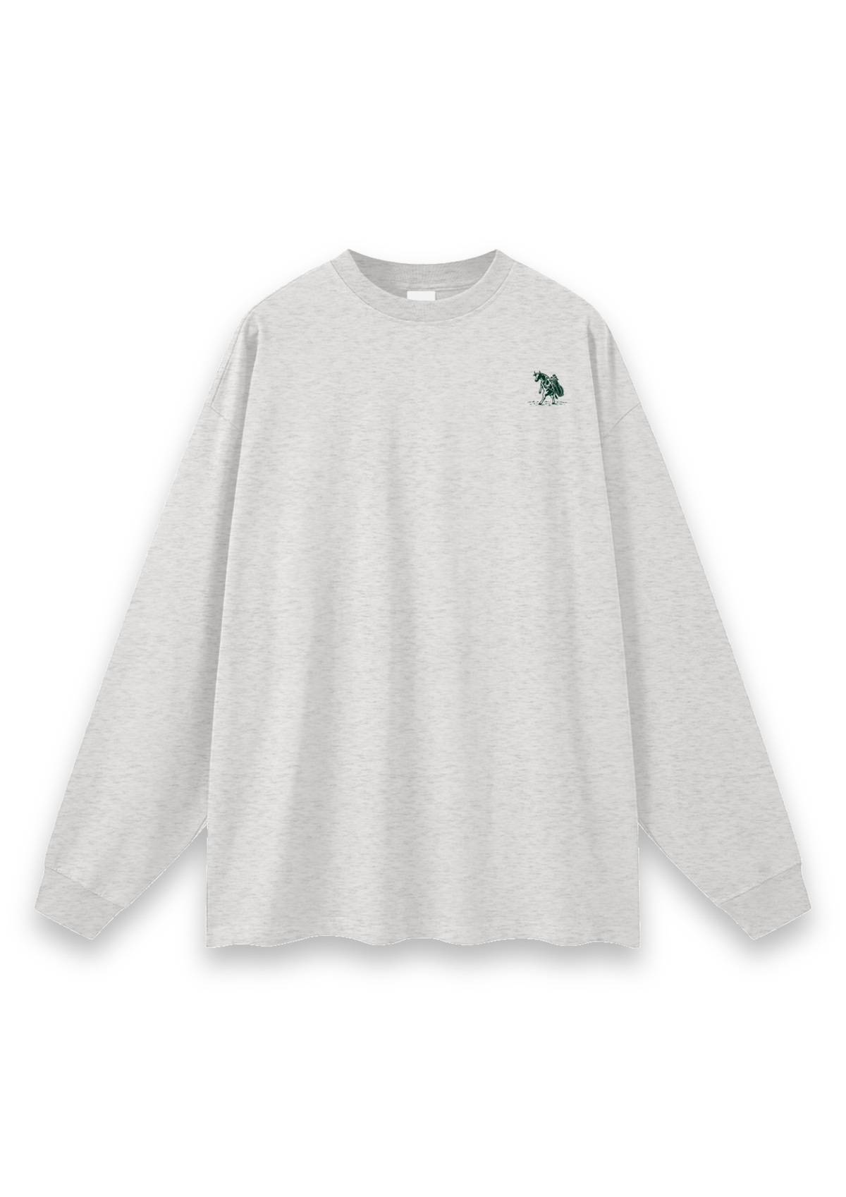 The Scenic Route golf long-sleeve tee in Oatmeal, front view with the cow-and-golf-bag chest print #Colour_Oatmeal